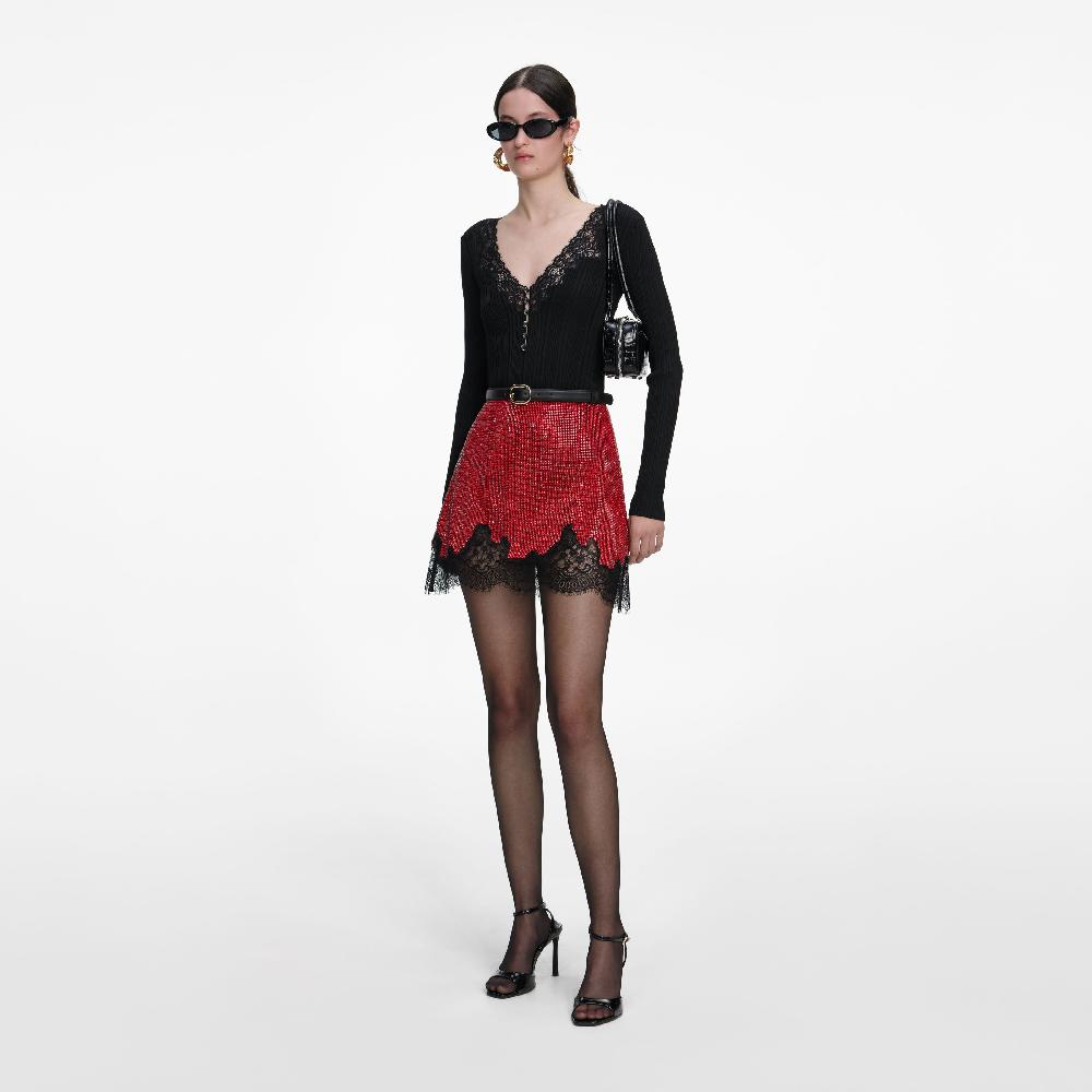 Self Portrait Red Crystal Chainmail Mini Skirt CLOTHING