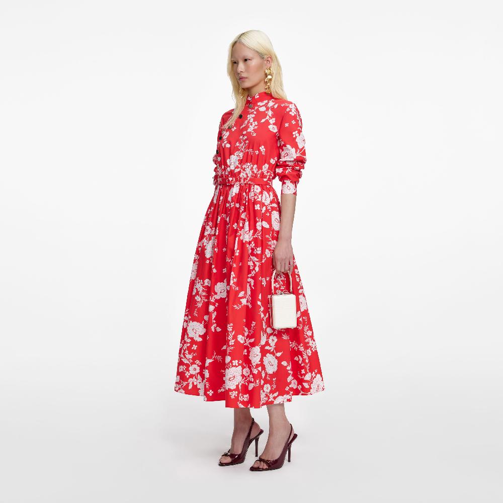 Self Portrait Red Floral Cotton Midi Dress CLOTHING