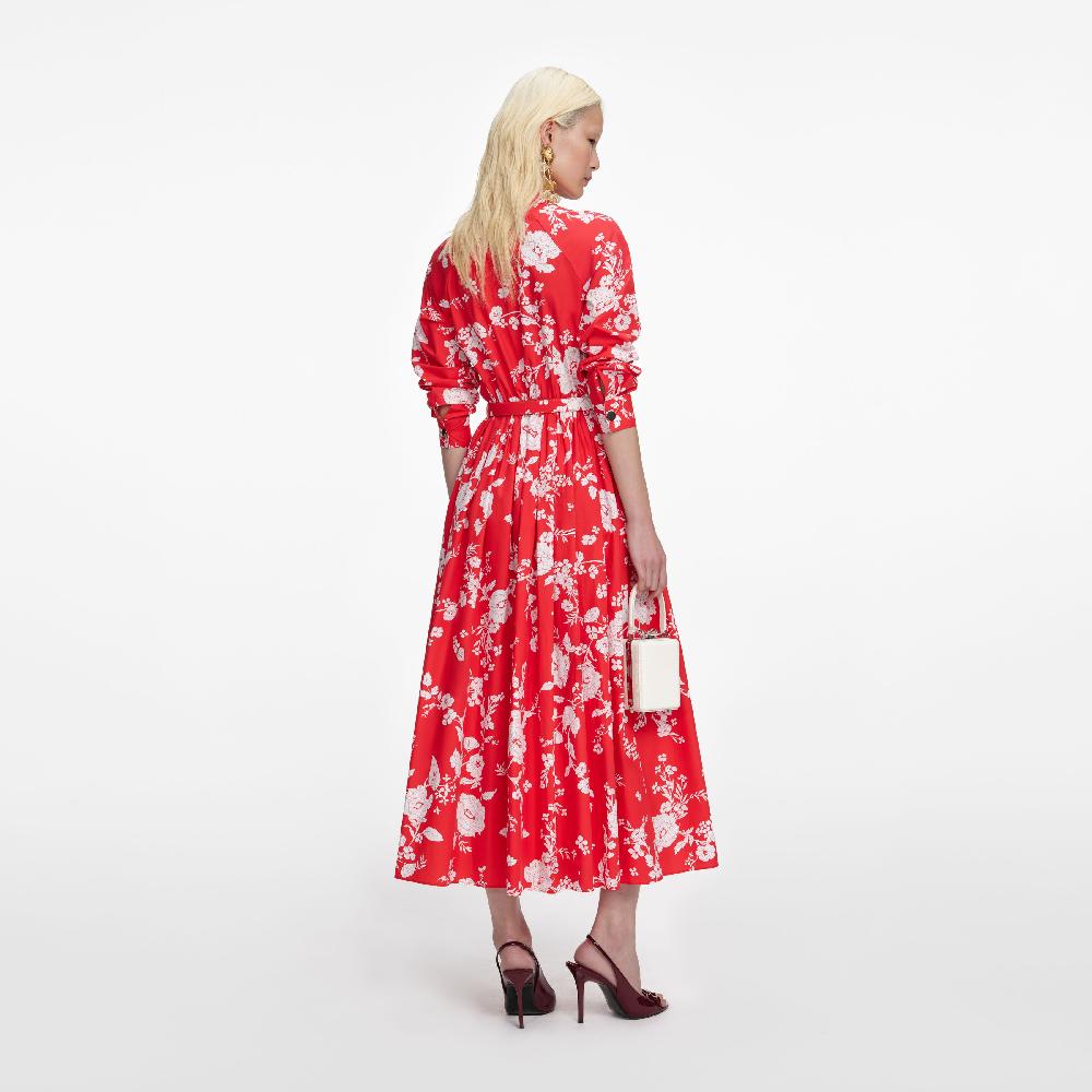 Self Portrait Red Floral Cotton Midi Dress CLOTHING