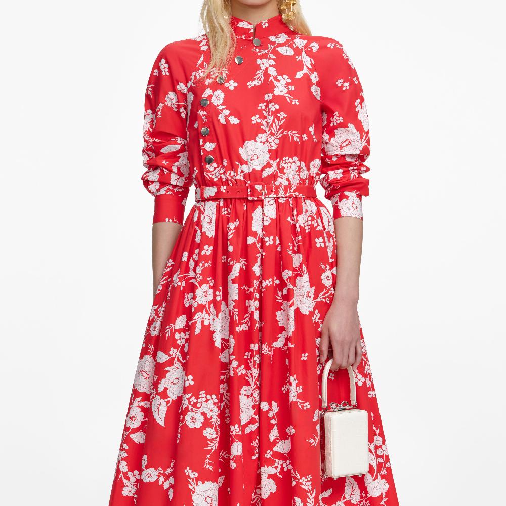 Self Portrait Red Floral Cotton Midi Dress CLOTHING