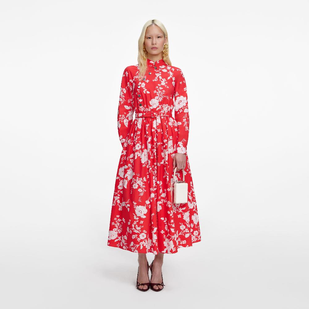 self portrait Red Floral Cotton Midi Dress CLOTHING
