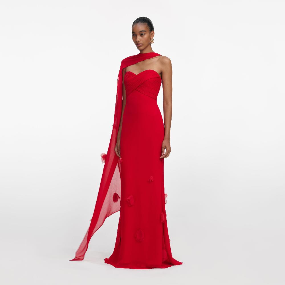 Self Portrait Red Georgette Flower Maxi Dress CLOTHING