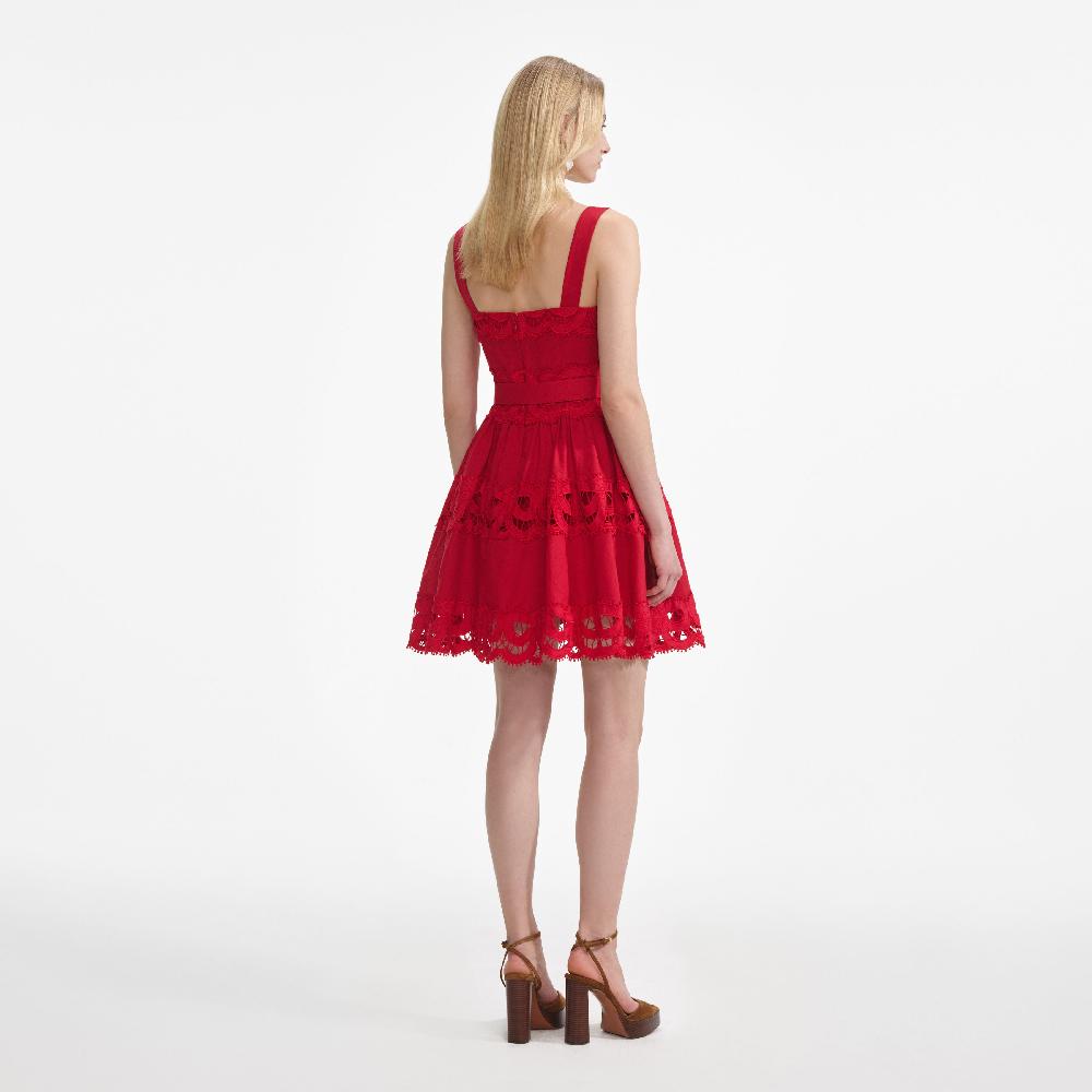 Self Portrait Red Linen Lace Insert Mini Dress CLOTHING