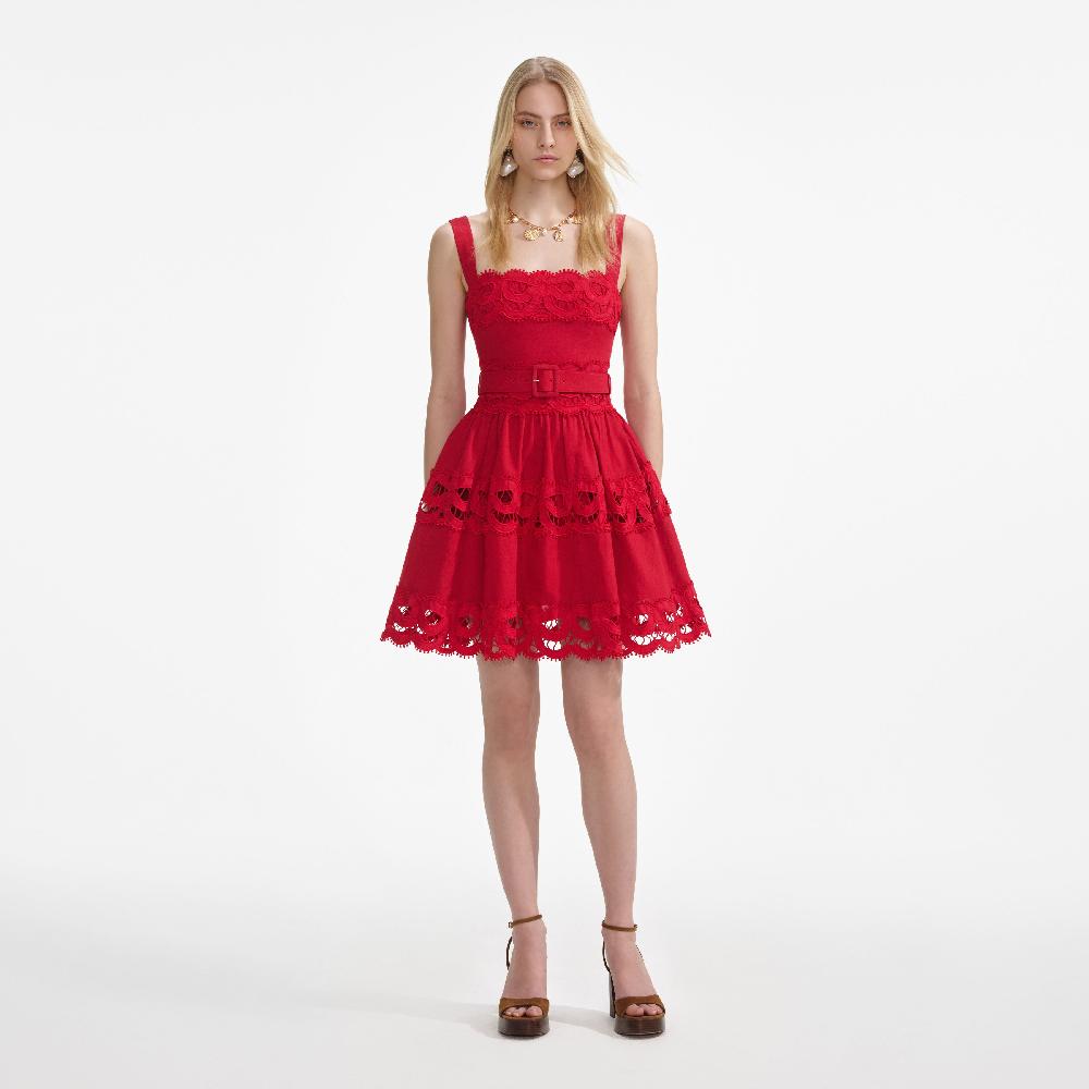 self portrait Red Linen Lace Insert Mini Dress CLOTHING