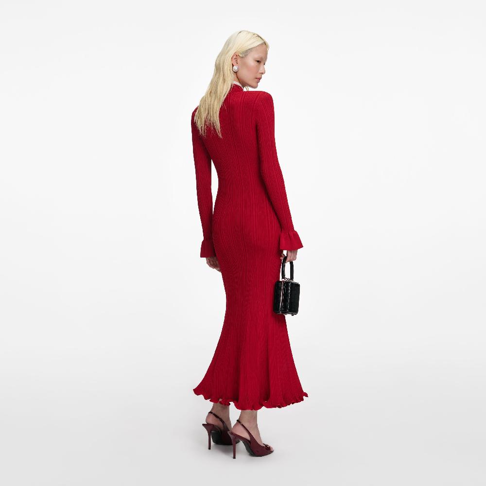 Self Portrait Red Pearl Trim Knit Midi Dress CLOTHING