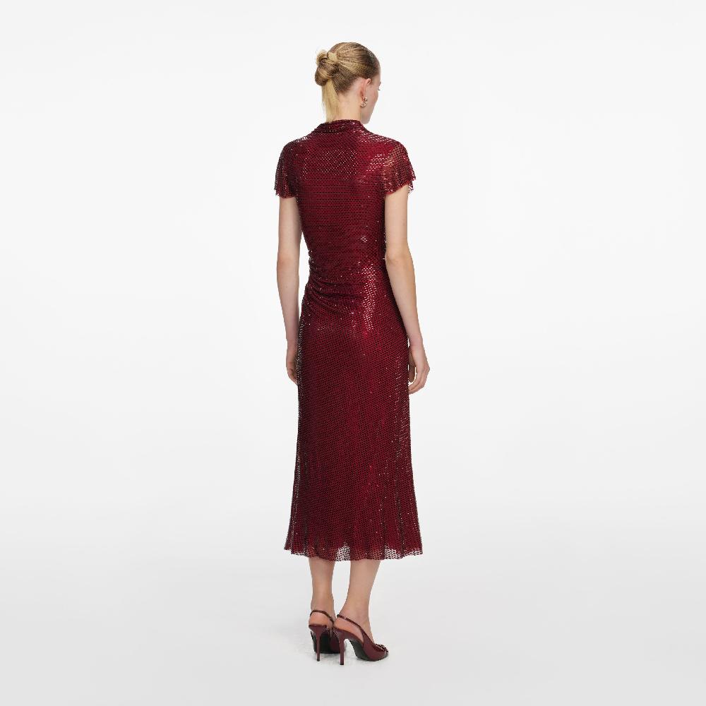 Self Portrait Red Rhinestone Drape Midi Dress CLOTHING