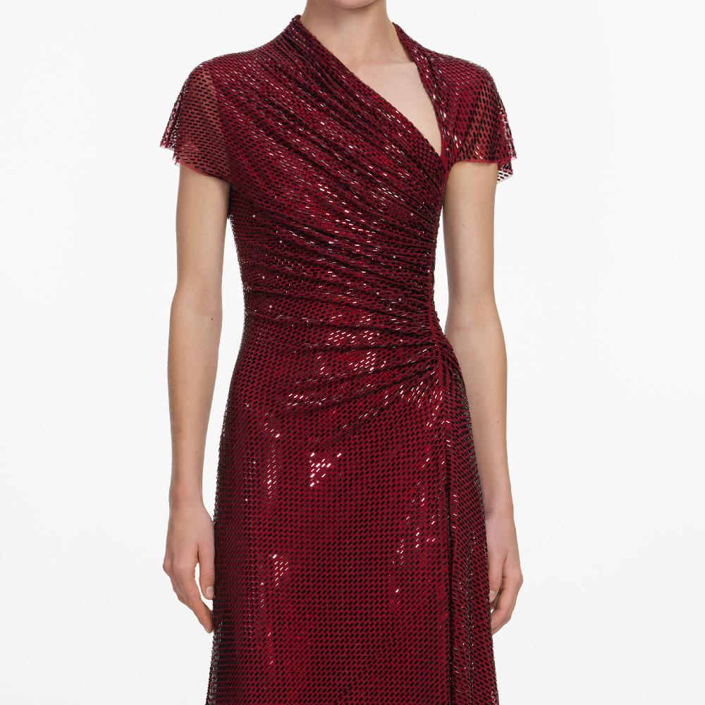 Self Portrait Red Rhinestone Drape Midi Dress CLOTHING