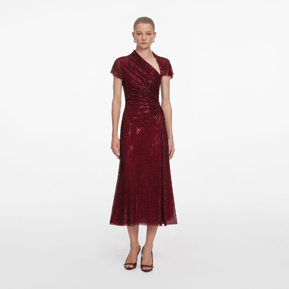 self portrait Red Rhinestone Drape Midi Dress CLOTHING