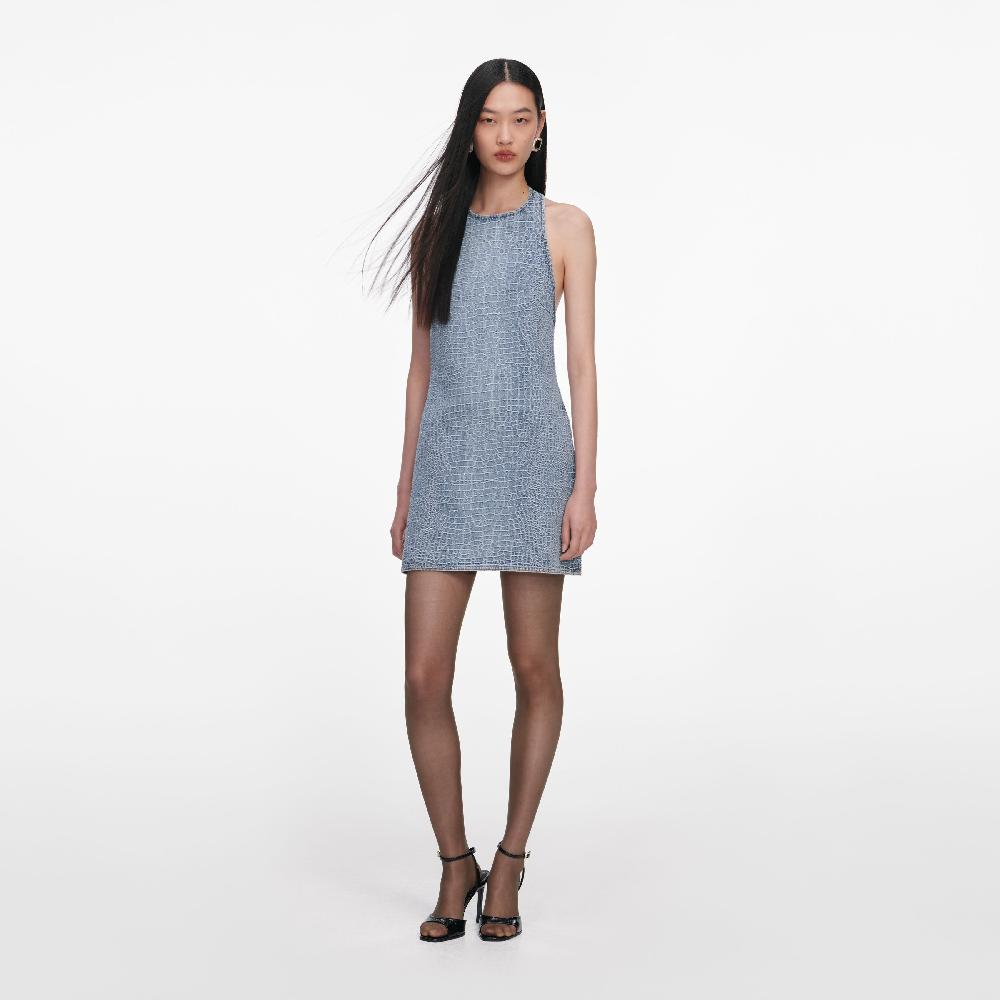 Self Portrait Rhinestone Croc Effect Denim Mini Dress CLOTHING