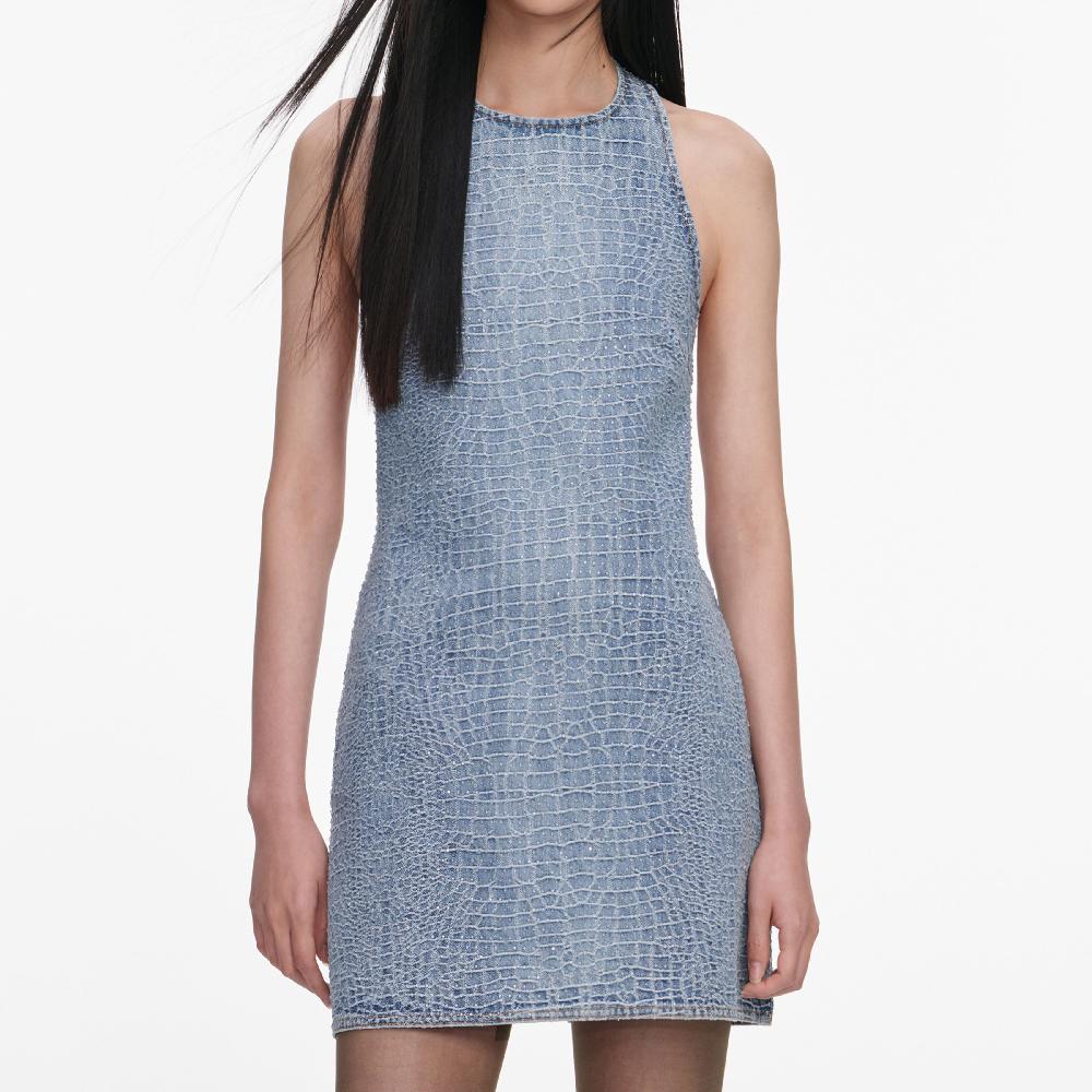 Self Portrait Rhinestone Croc Effect Denim Mini Dress CLOTHING