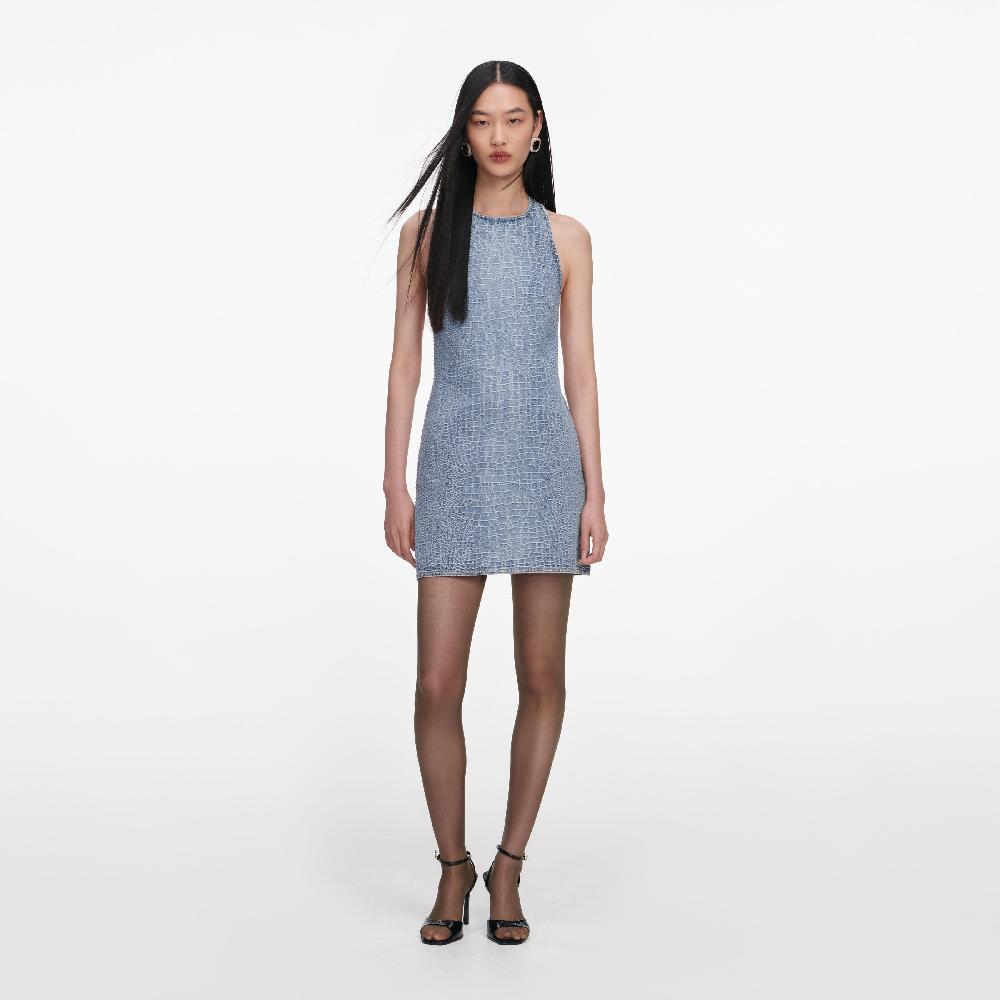 self portrait Rhinestone Croc Effect Denim Mini Dress CLOTHING