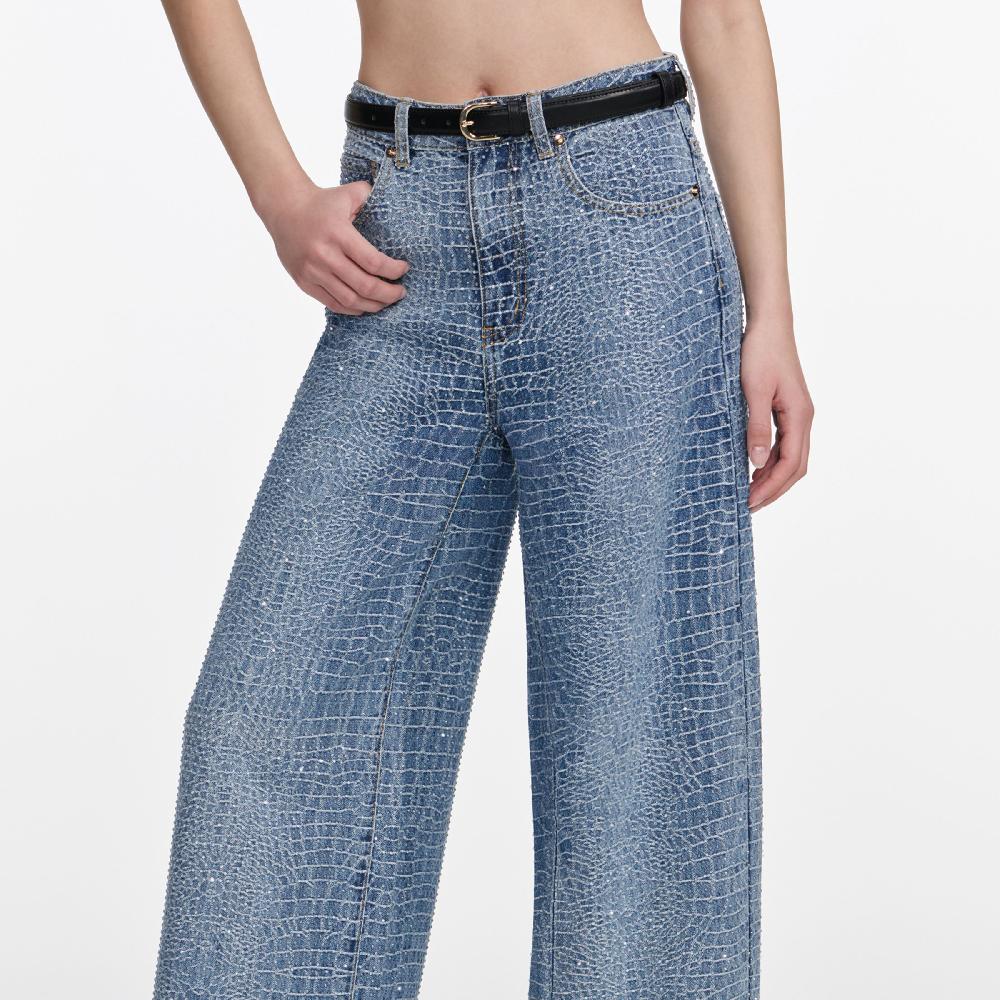 Self Portrait Rhinestone Croc Effect Wide Leg Jeans CLOTHING