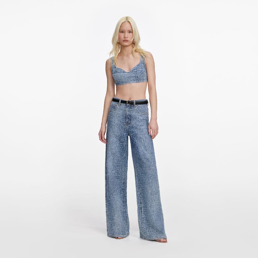 self portrait Rhinestone Croc Effect Wide Leg Jeans CLOTHING