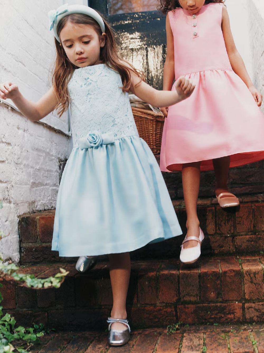 Self Portrait Aqua Taffeta Lace Bow Dress KIDS