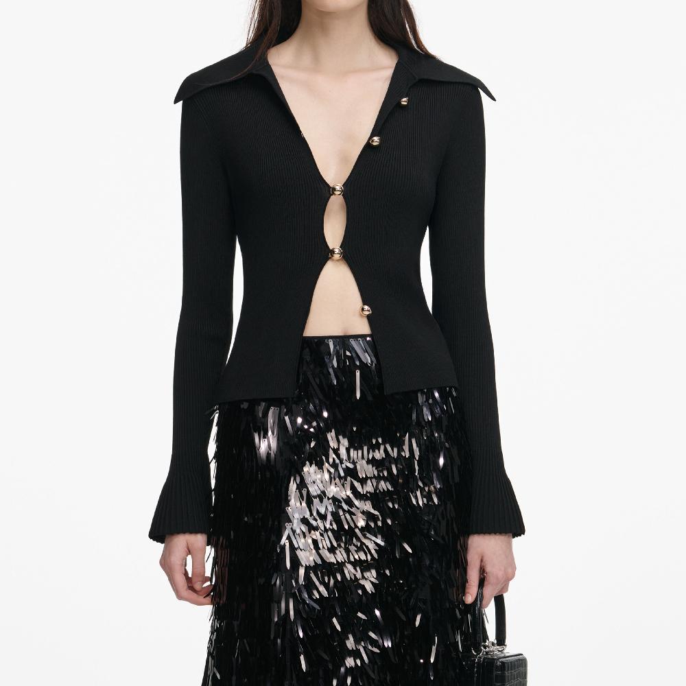 Self Portrait Black Button Down Knit Top CLOTHING