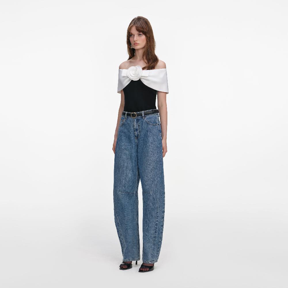 Self Portrait Black Crepe Flower Top CLOTHING