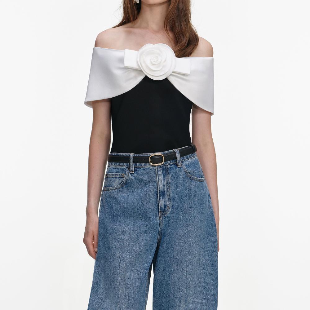 Self Portrait Black Crepe Flower Top CLOTHING