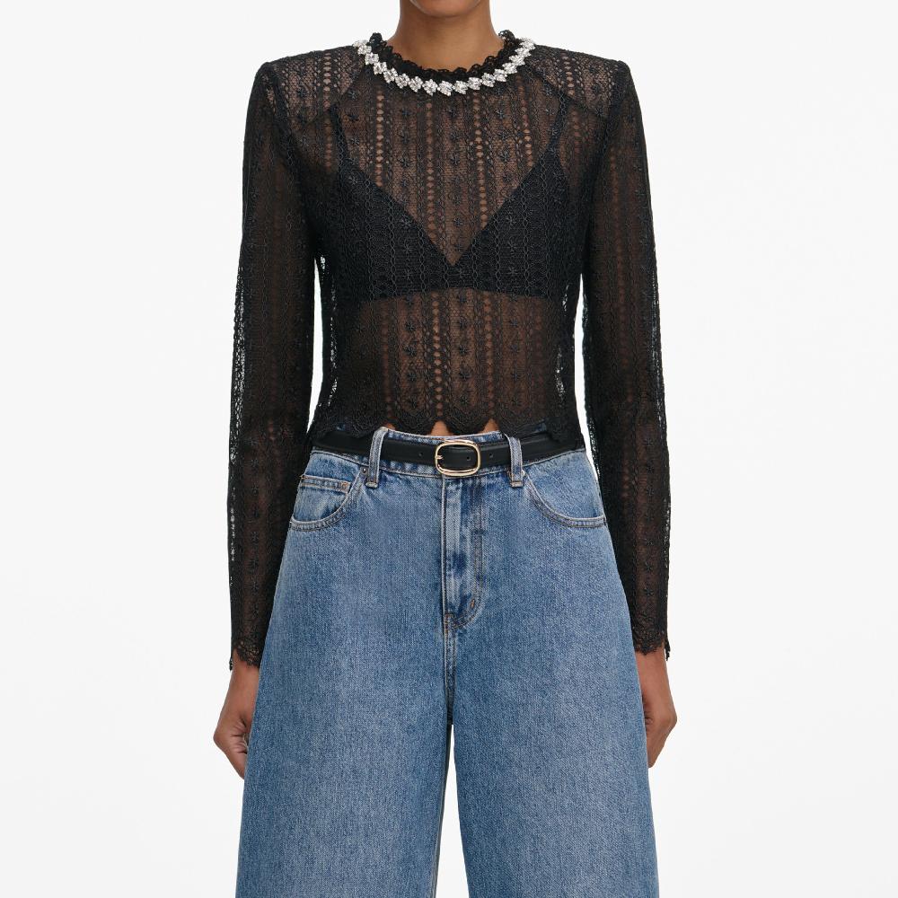 Self Portrait Black Organza Lace Top CLOTHING