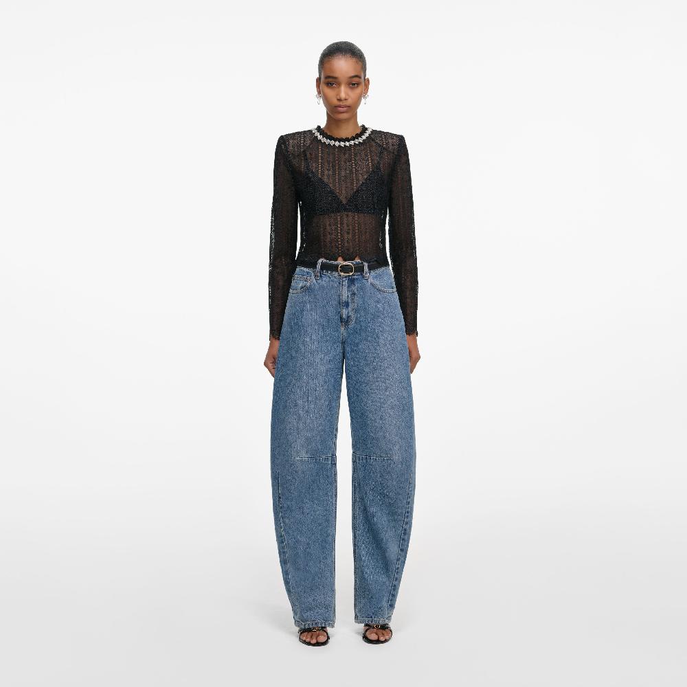 self portrait Black Organza Lace Top CLOTHING