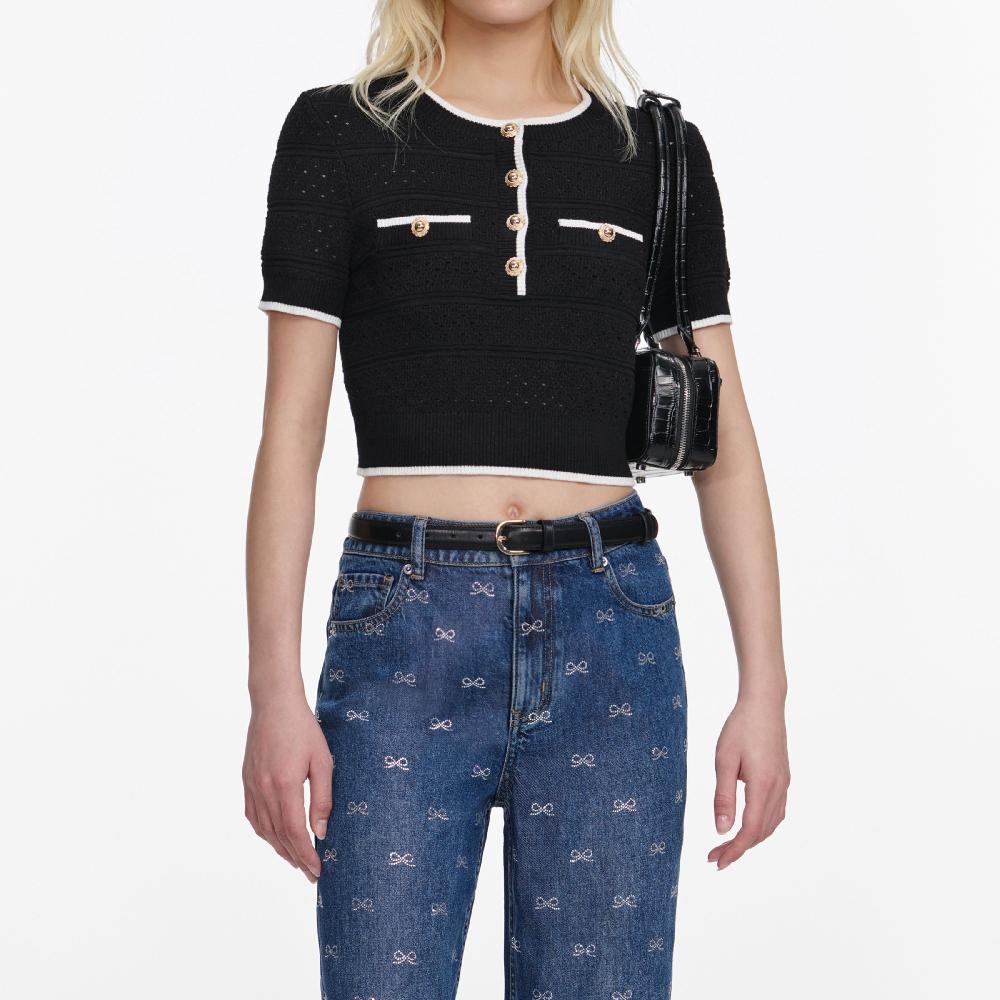 Self Portrait Black Pointelle Knit Top CLOTHING