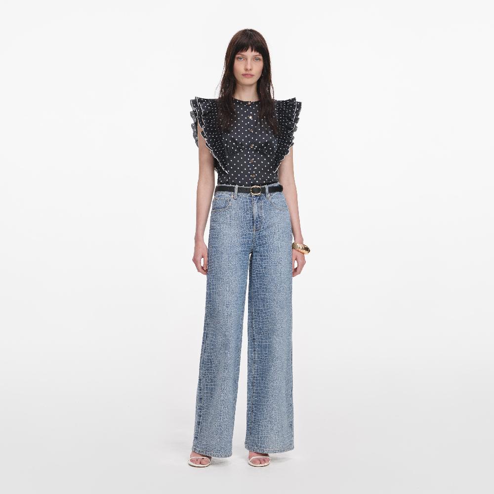 self portrait Black Polka Dot Frill Top CLOTHING