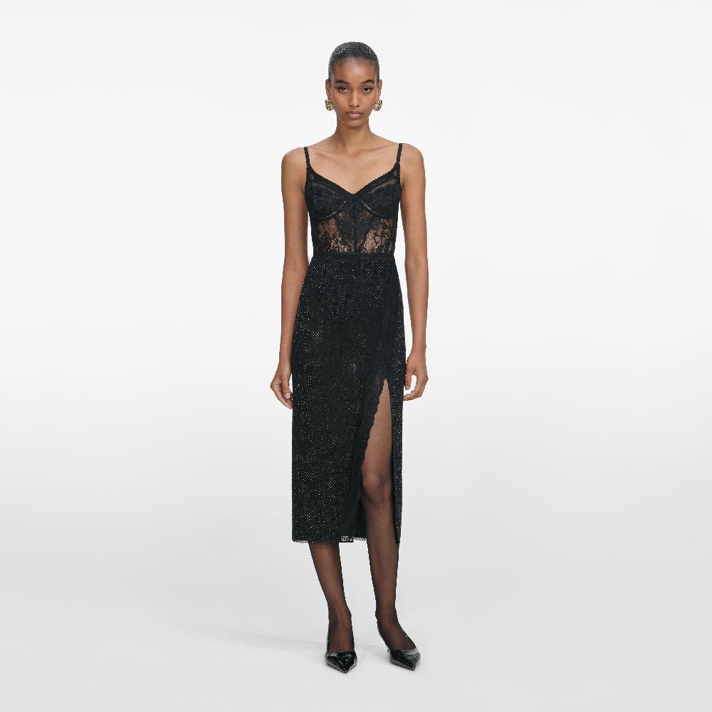 self portrait Black Rhinestone Midi Skirt CLOTHING