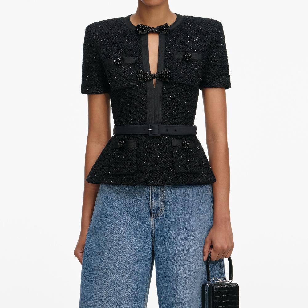 Self Portrait Black Sequin Knit Top CLOTHING