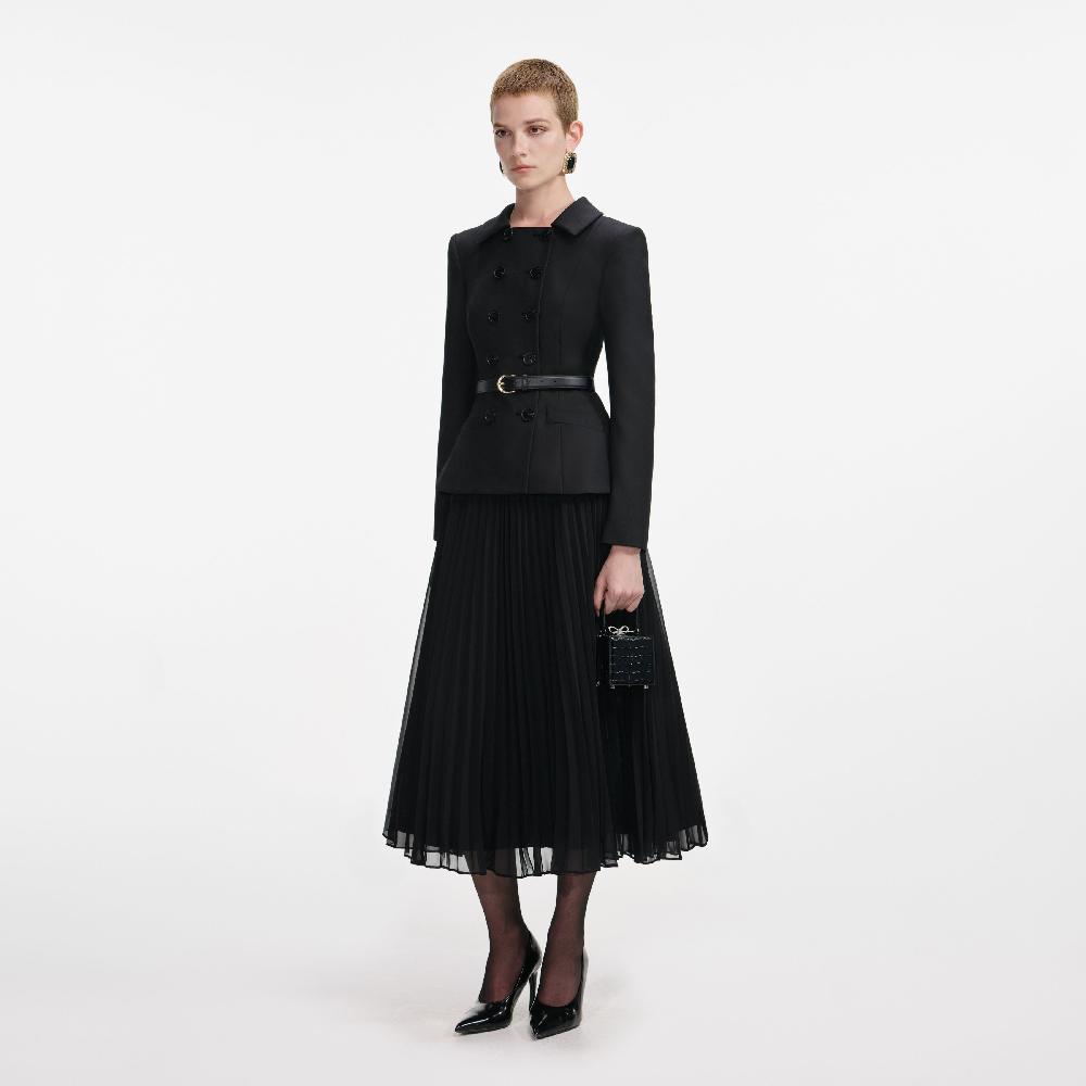 Self Portrait Black Wool Crepe Midi Dress CLOTHING