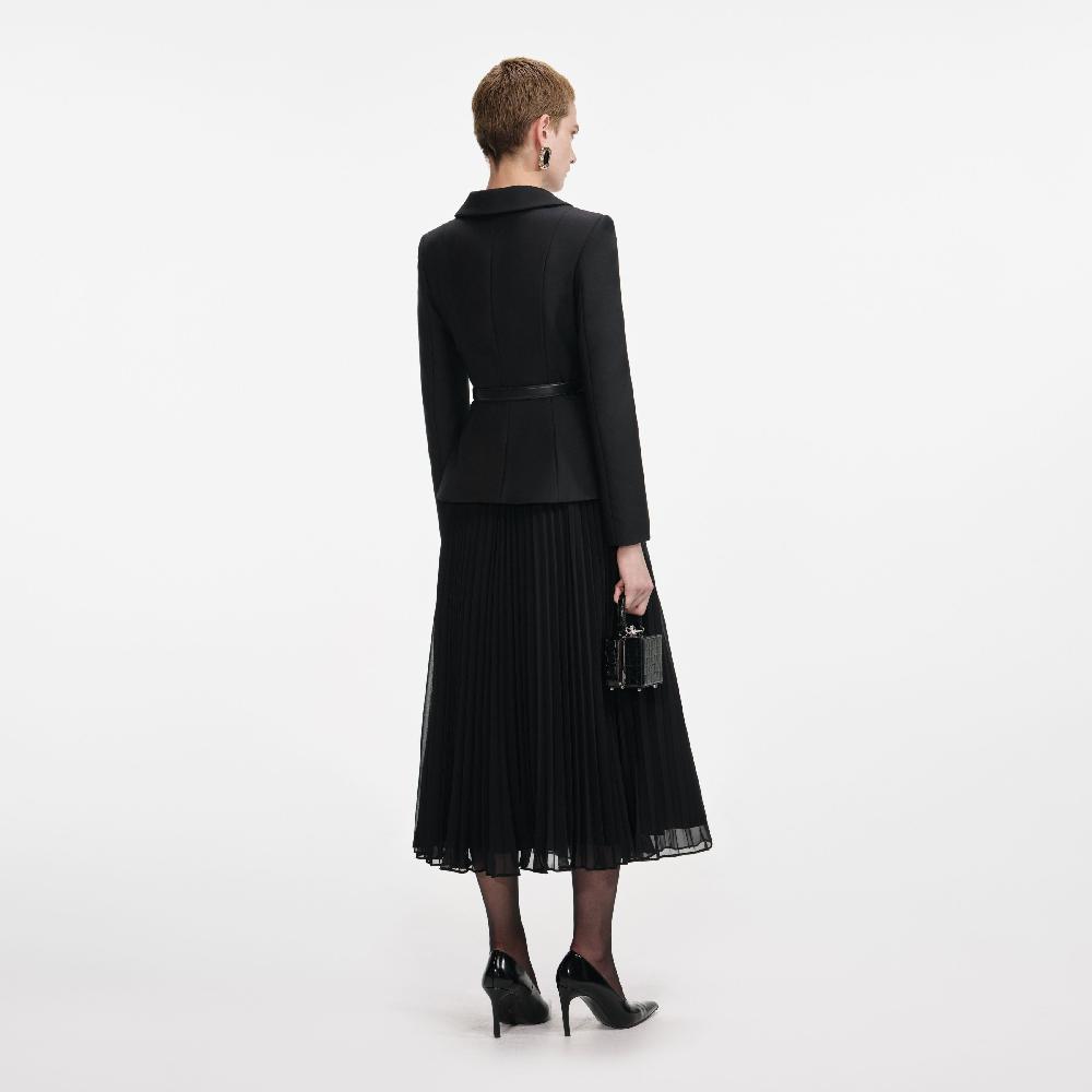 Self Portrait Black Wool Crepe Midi Dress CLOTHING