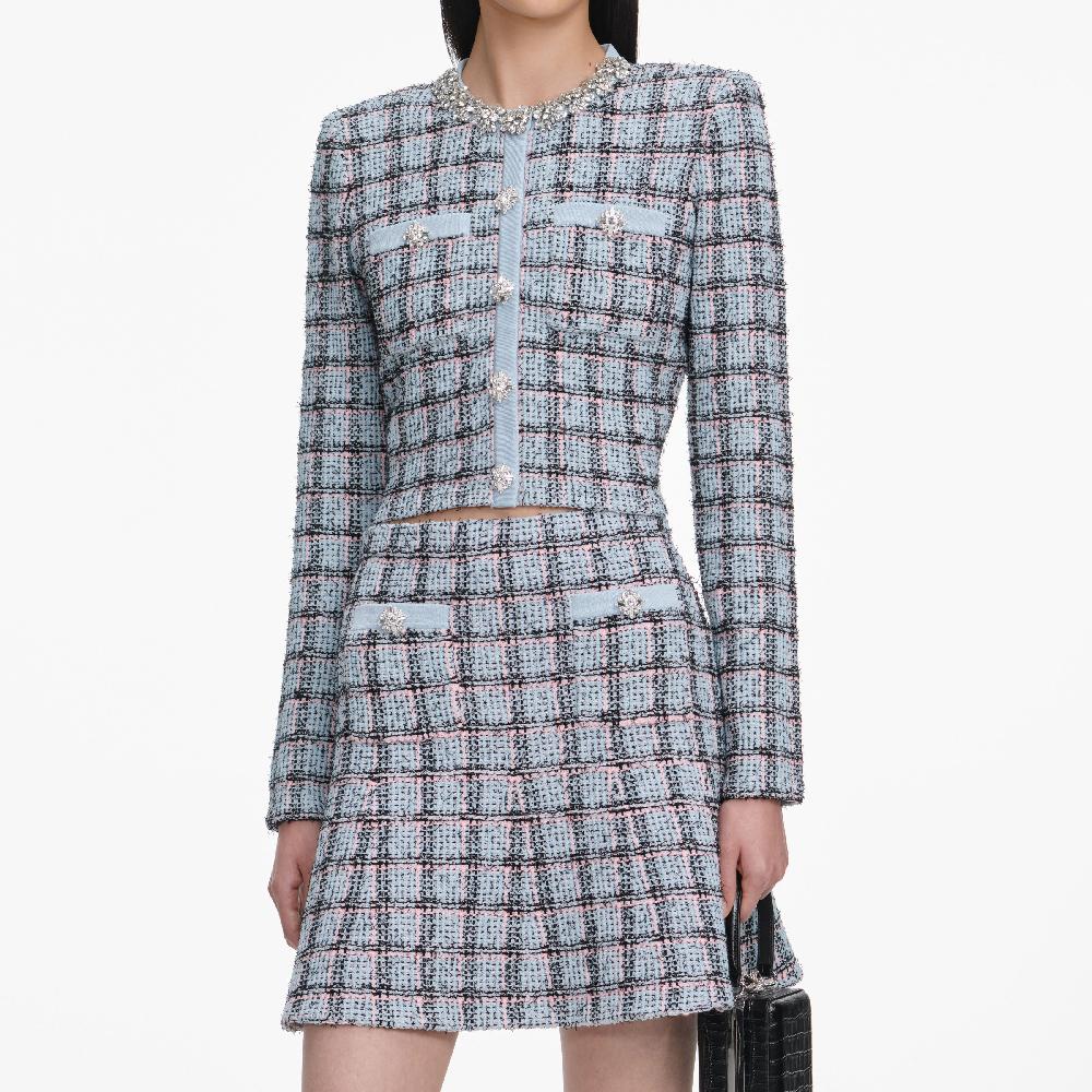 Self Portrait Blue Check Knit Cardigan CLOTHING