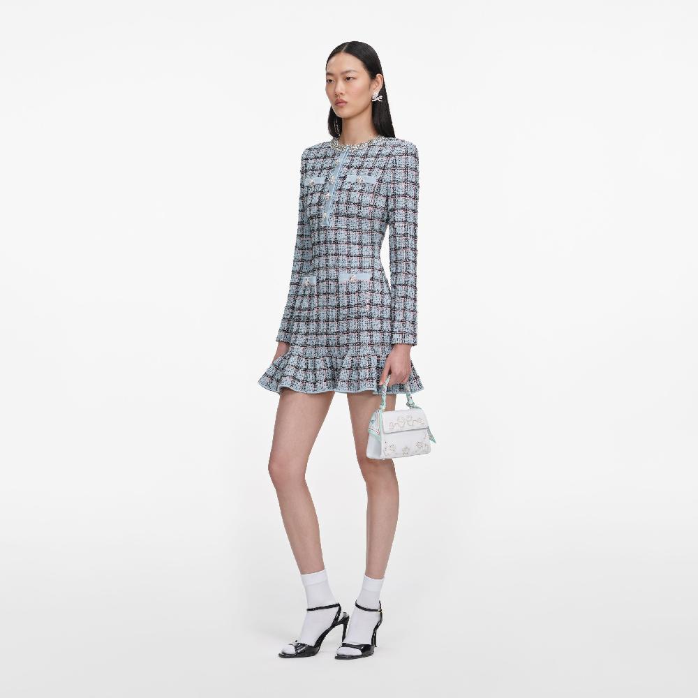 Self Portrait Blue Check Knit Mini Dress CLOTHING