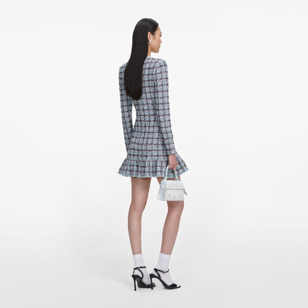 Self Portrait Blue Check Knit Mini Dress CLOTHING