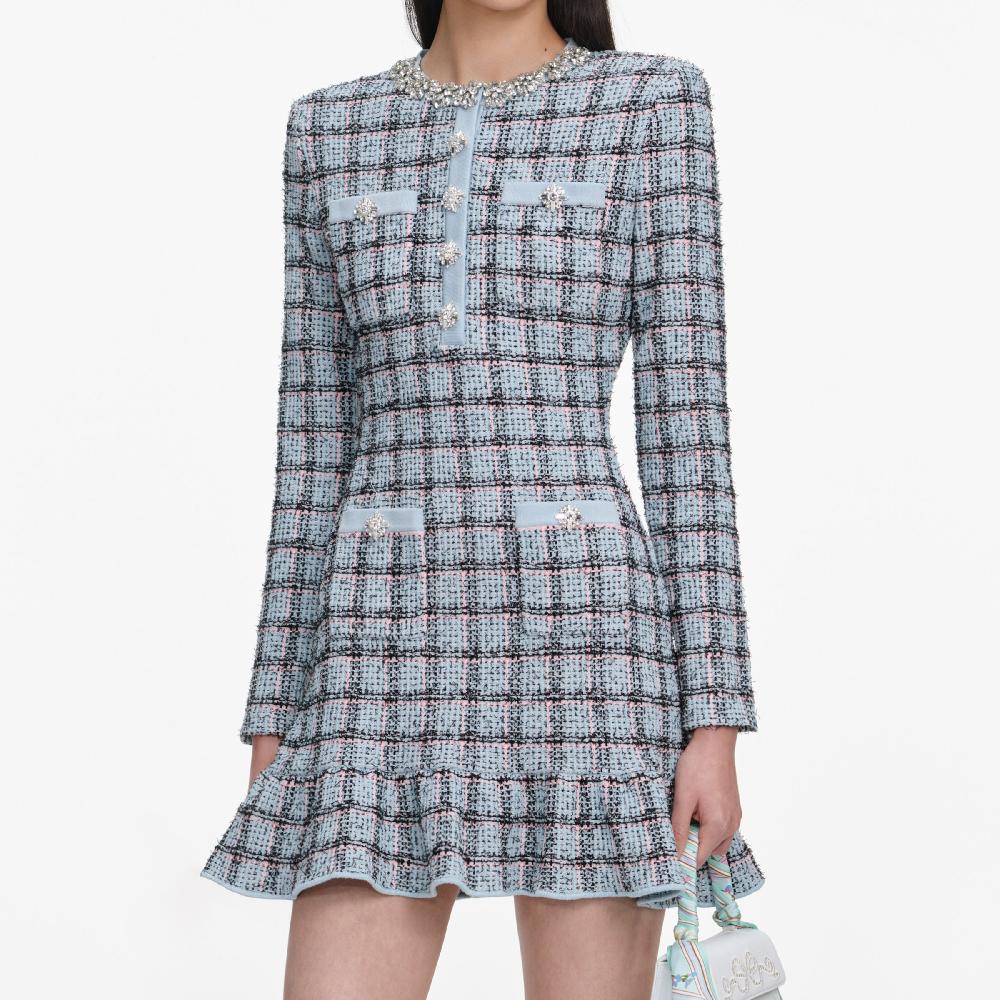 Self Portrait Blue Check Knit Mini Dress CLOTHING