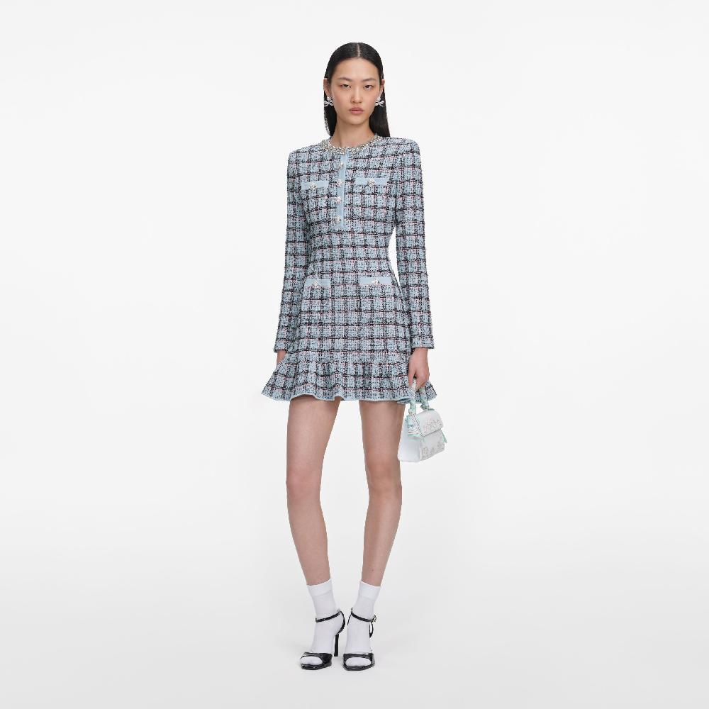 self portrait Blue Check Knit Mini Dress CLOTHING