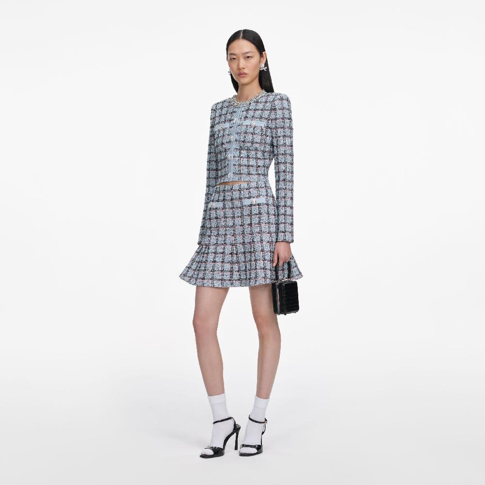 Self Portrait Blue Check Knit Mini Skirt CLOTHING