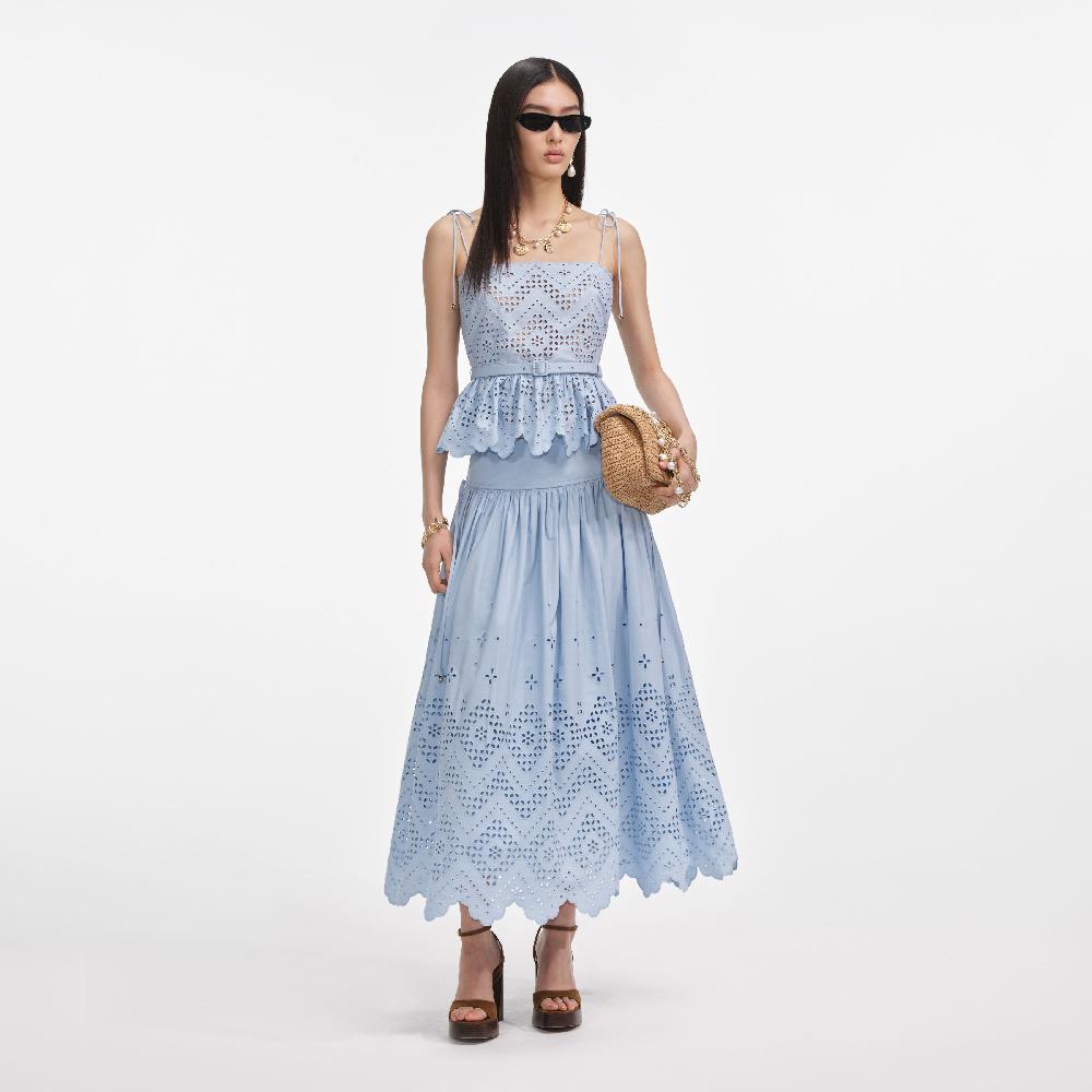 self portrait Blue Cotton Broderie Top CLOTHING