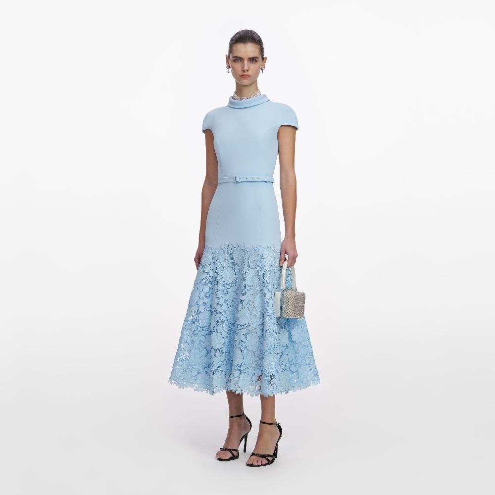 Self Portrait Blue Crepe Lace Midi Dress CLOTHING