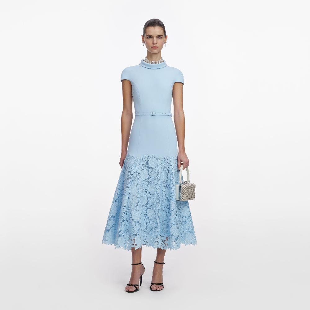 self portrait Blue Crepe Lace Midi Dress CLOTHING