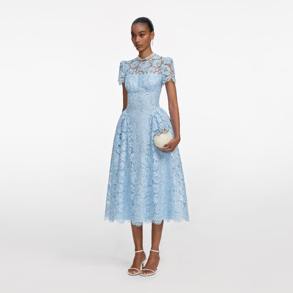 Self Portrait Blue Fine Lace Midi Dress CLOTHING