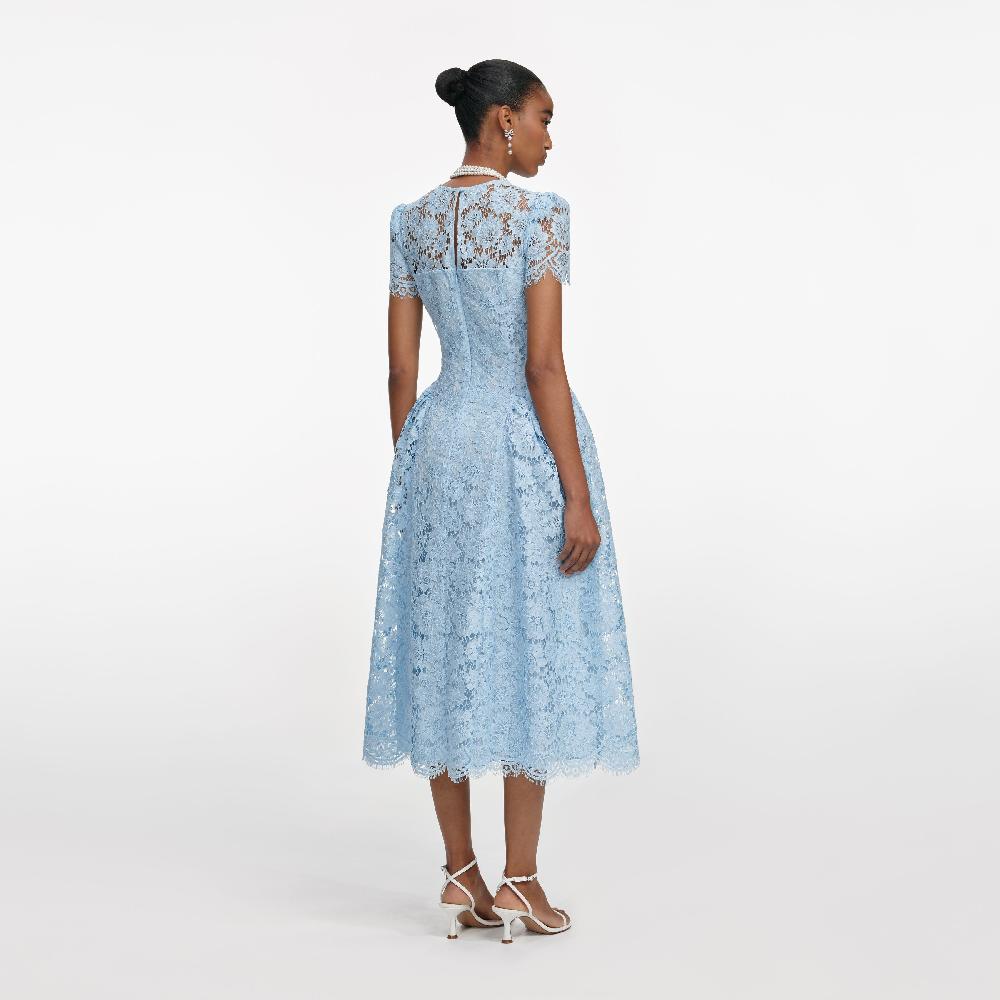 Self Portrait Blue Fine Lace Midi Dress CLOTHING