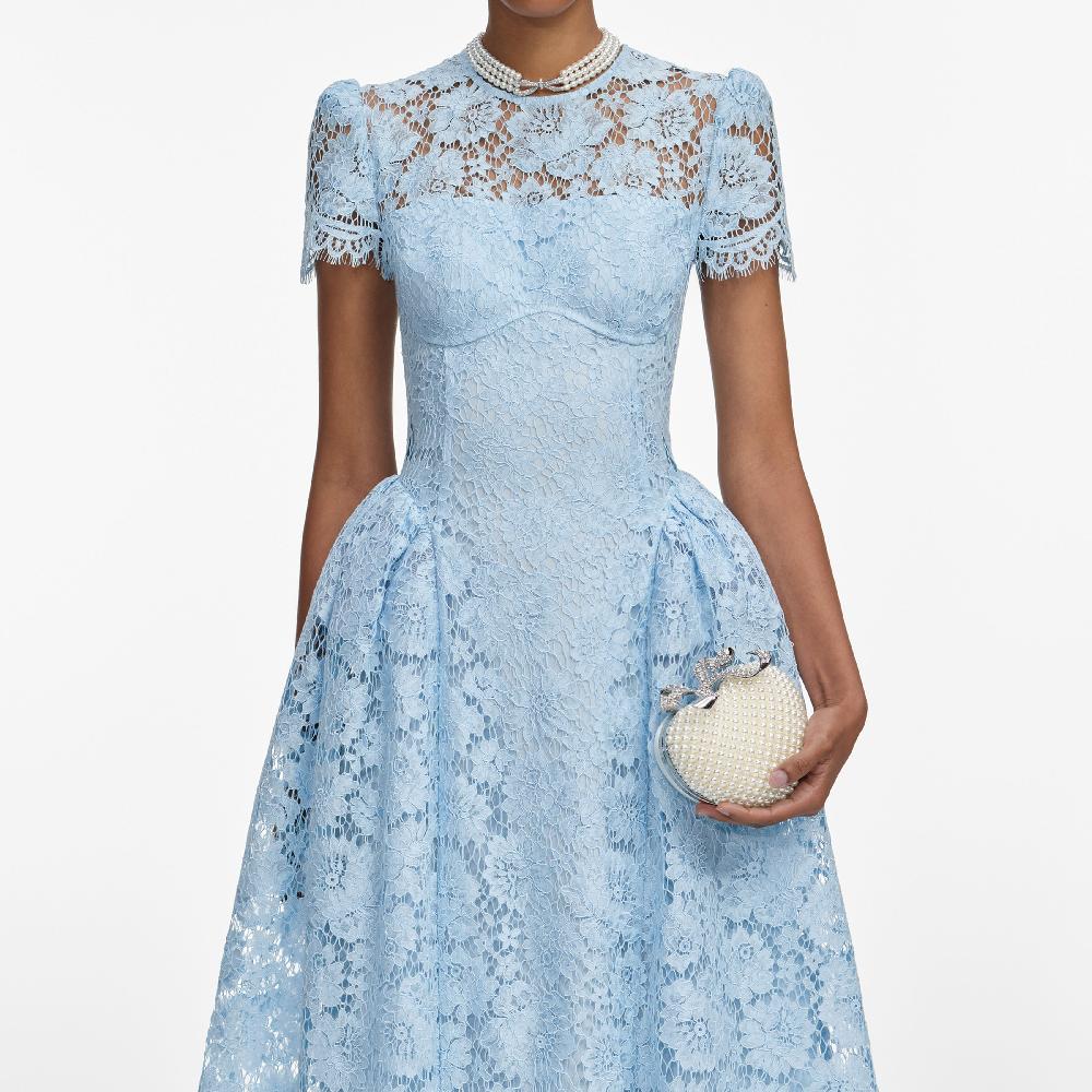 Self Portrait Blue Fine Lace Midi Dress CLOTHING