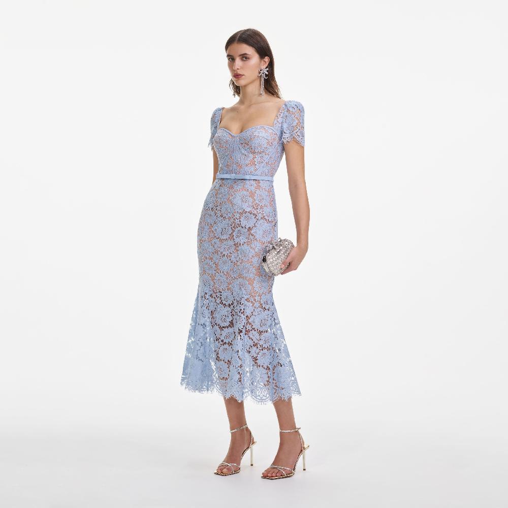 Self Portrait Blue Fine Lace Midi Dress CLOTHING