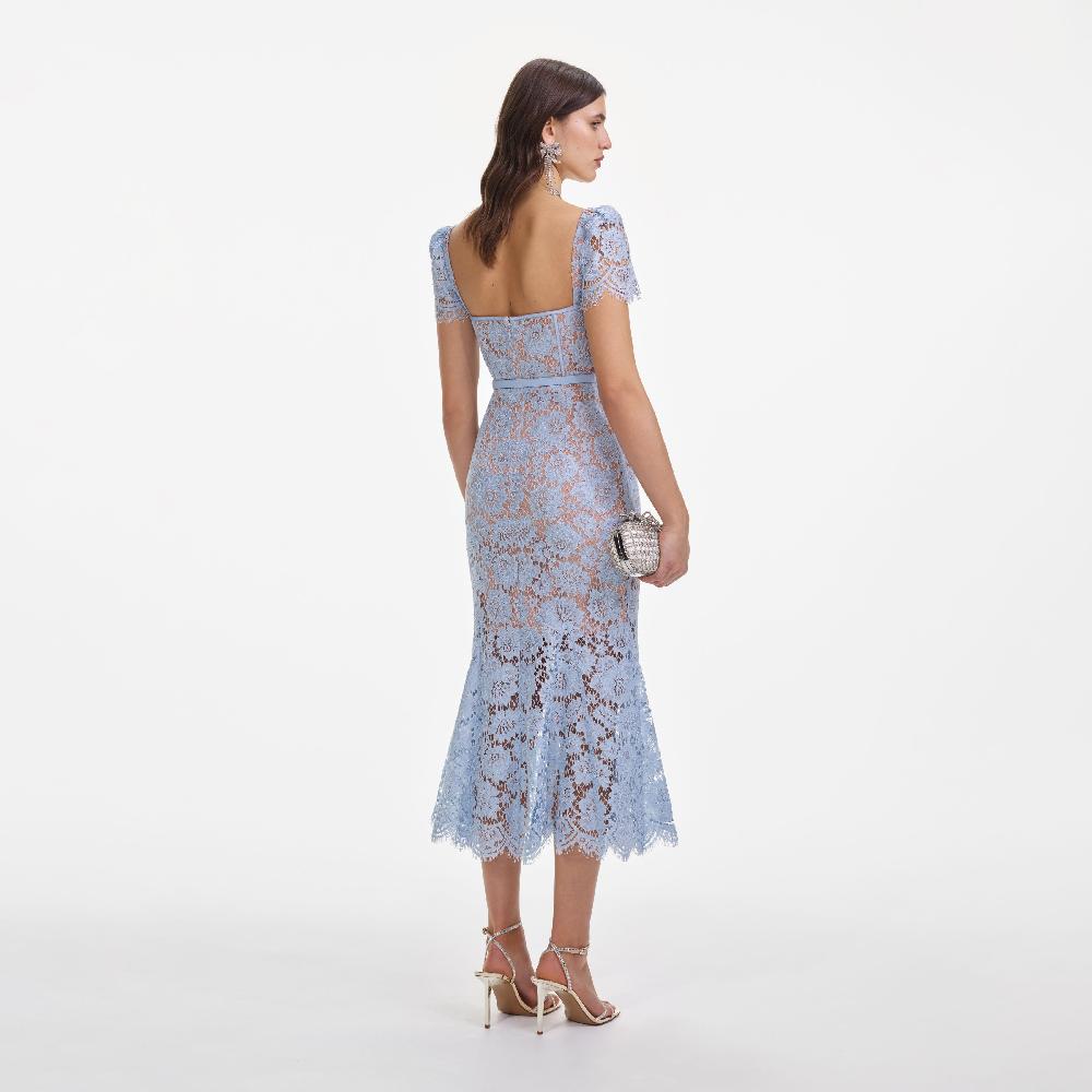 Self Portrait Blue Fine Lace Midi Dress CLOTHING