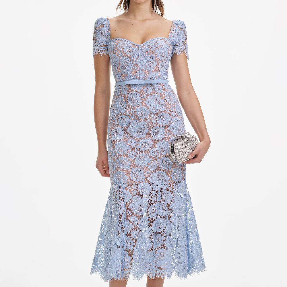 Self Portrait Blue Fine Lace Midi Dress CLOTHING