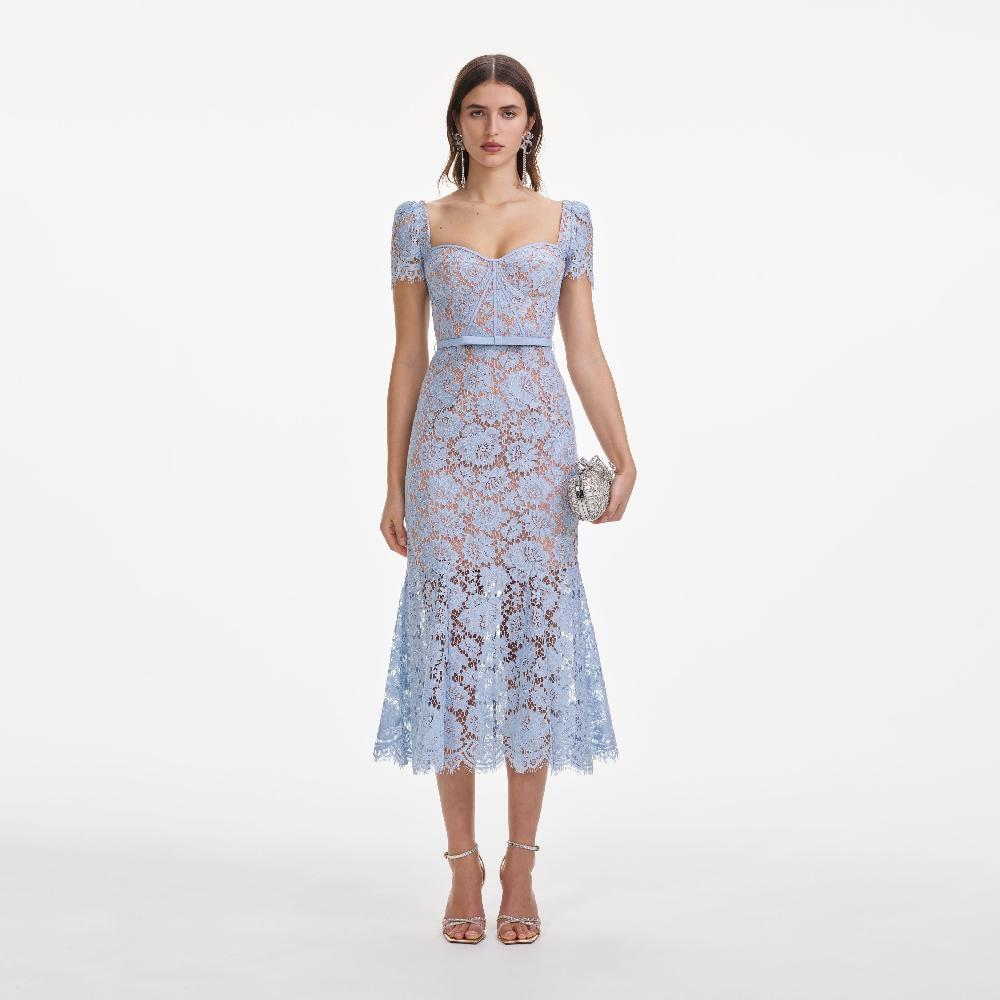 self portrait Blue Fine Lace Midi Dress CLOTHING