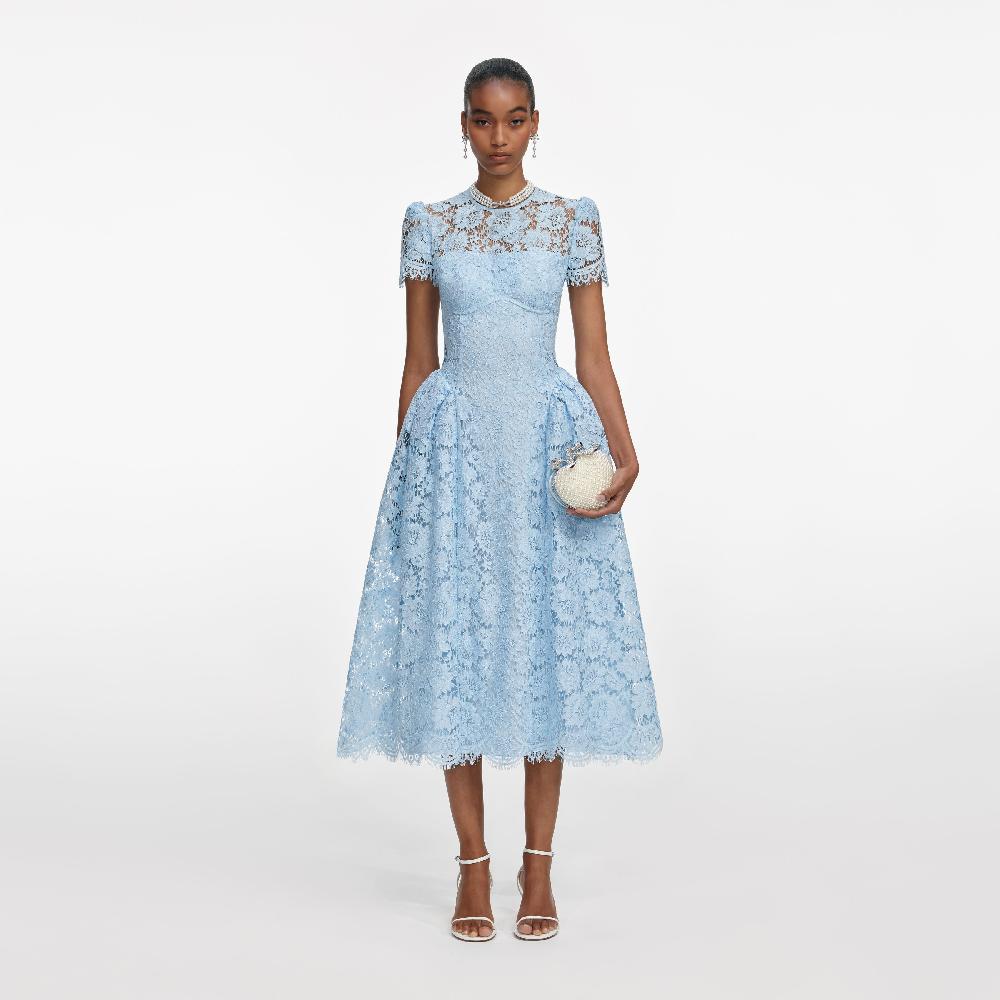 self portrait Blue Fine Lace Midi Dress CLOTHING