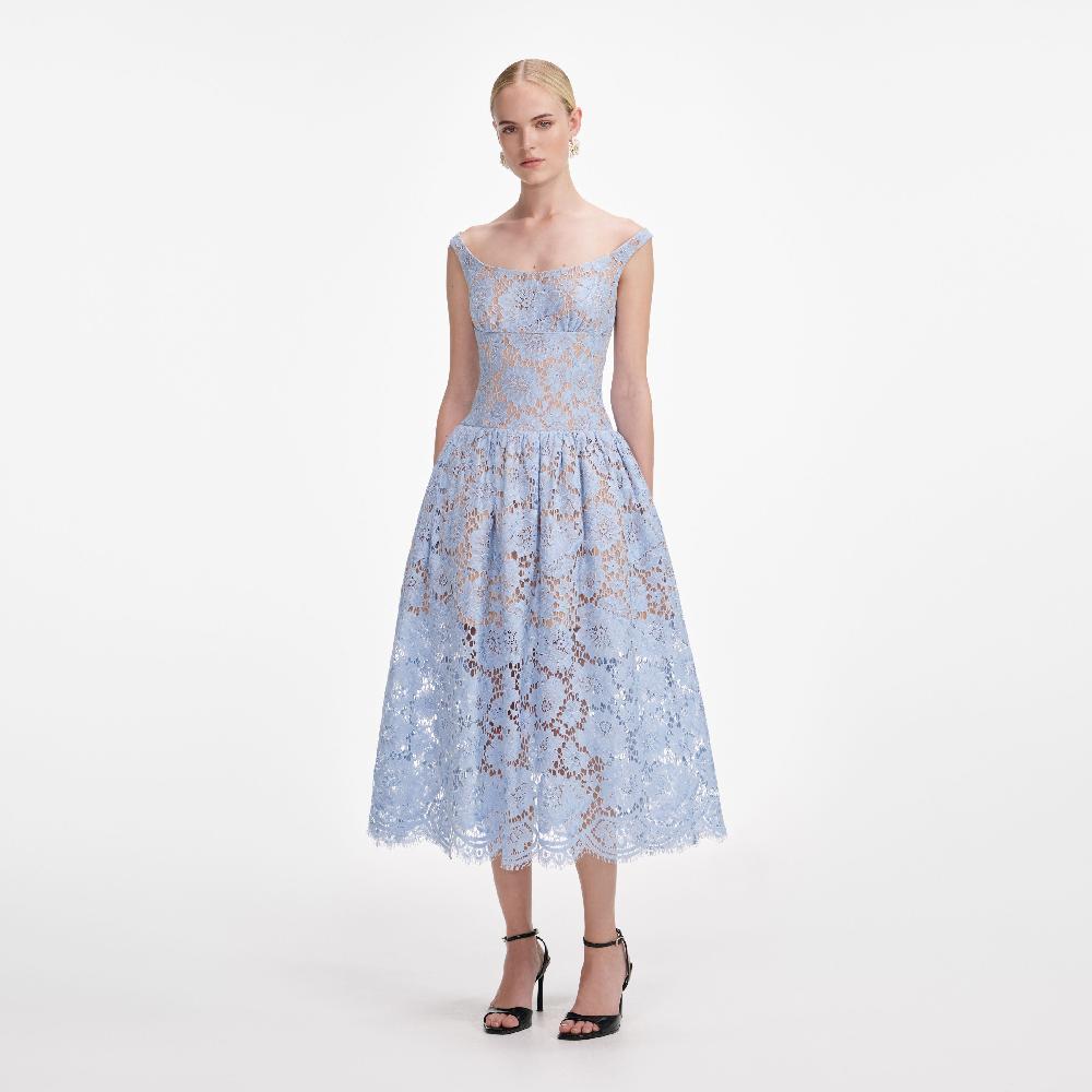 Self Portrait Blue Floral Lace Midi Dress CLOTHING