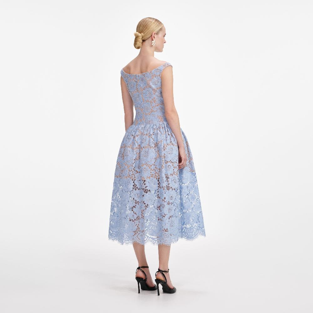 Self Portrait Blue Floral Lace Midi Dress CLOTHING
