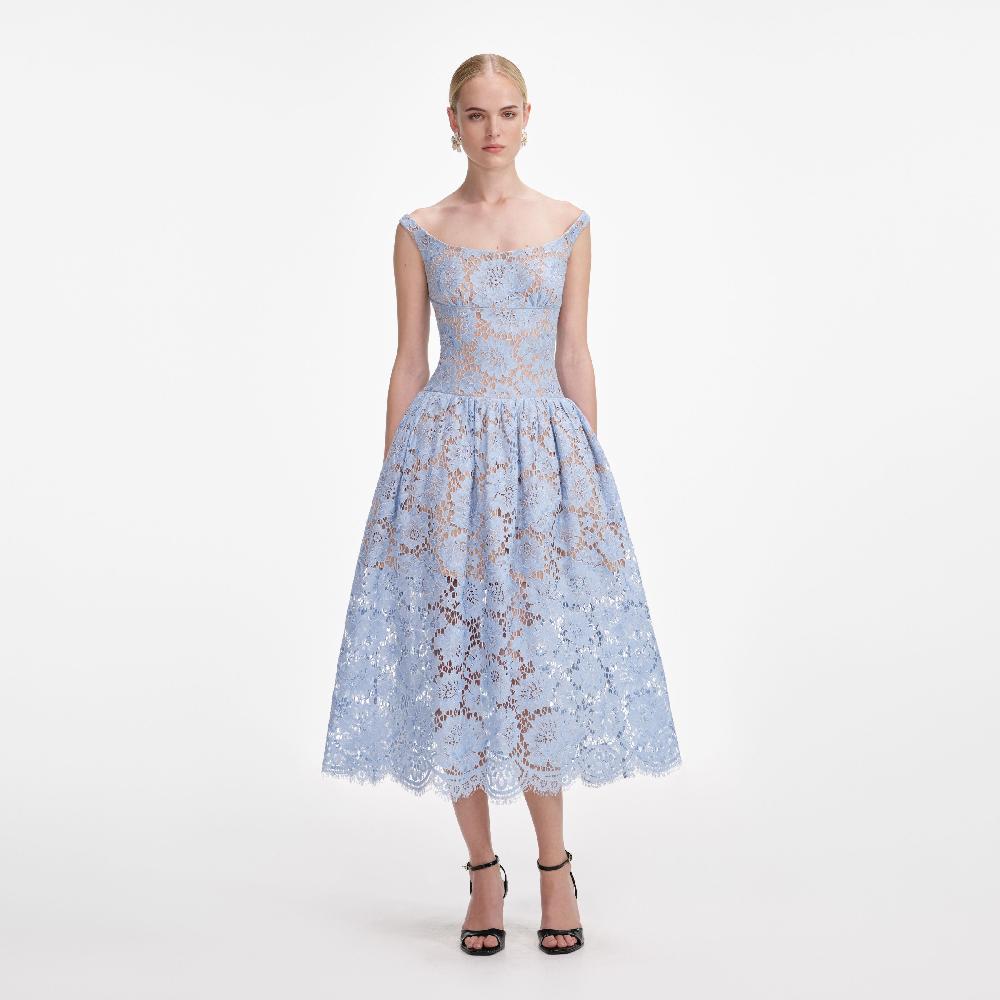 self portrait Blue Floral Lace Midi Dress CLOTHING