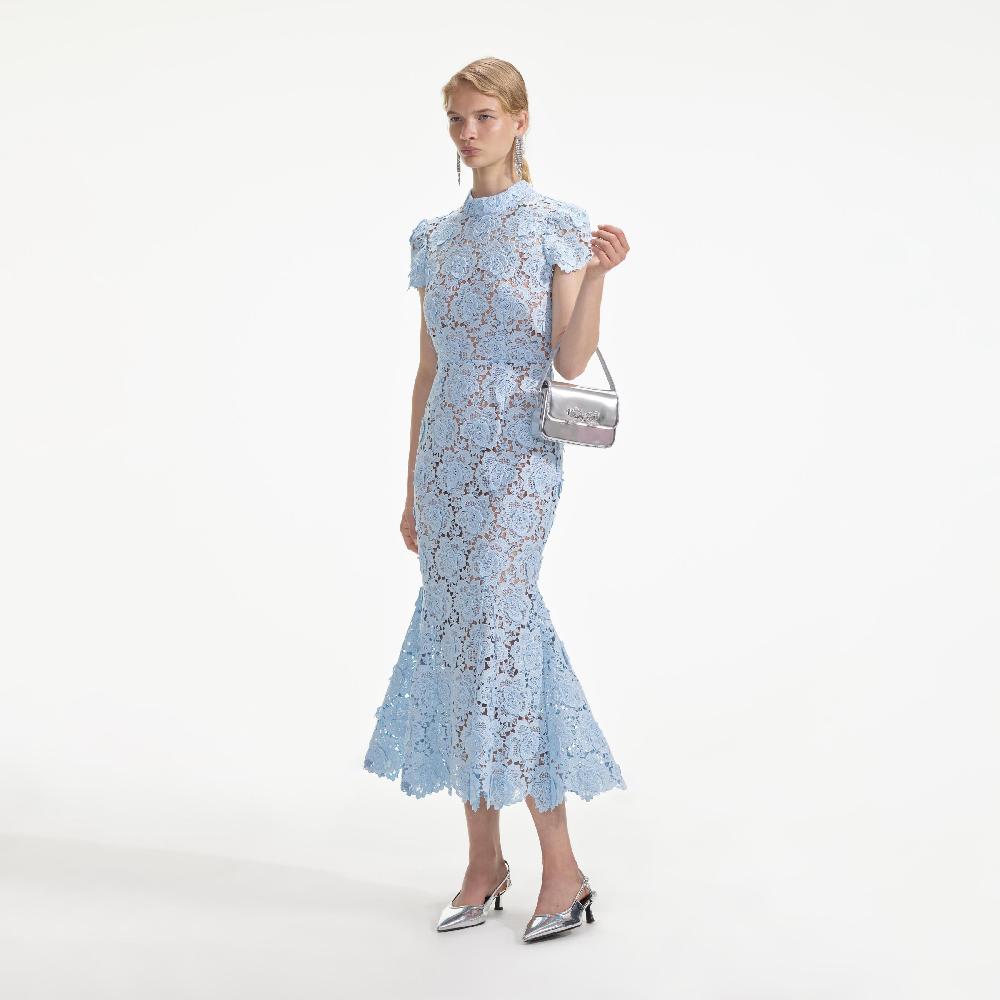 Self Portrait Blue Flower Lace Midi Dress CLOTHING